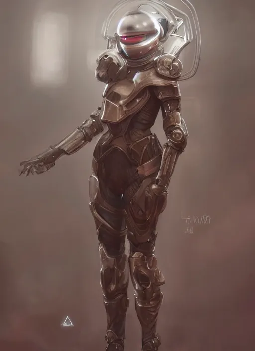 Image similar to of a full body, center frame hyper realistic digital art portrait of a timepunk war cleric in a futuristic pearl armor, tech helmet, dark gloomy environment. trending on artstation, art by lois van baarle by sung choi by john kirby artgerm style pascal blanche