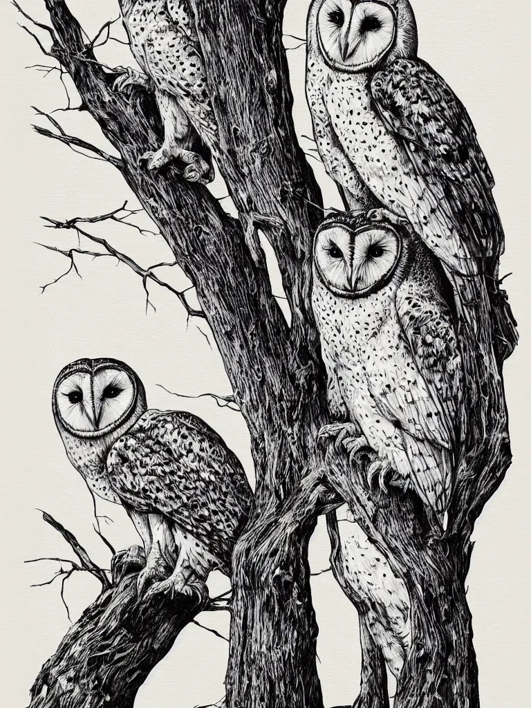 Prompt: beautiful hyperrealist highly detailed cinematic lighting nature photograph of a barn owl on a tree branch, symmetrical full body, beautiful high contrast wood engraving, moebius and charles burns comic style, shocking detail trending on artstation 8 k