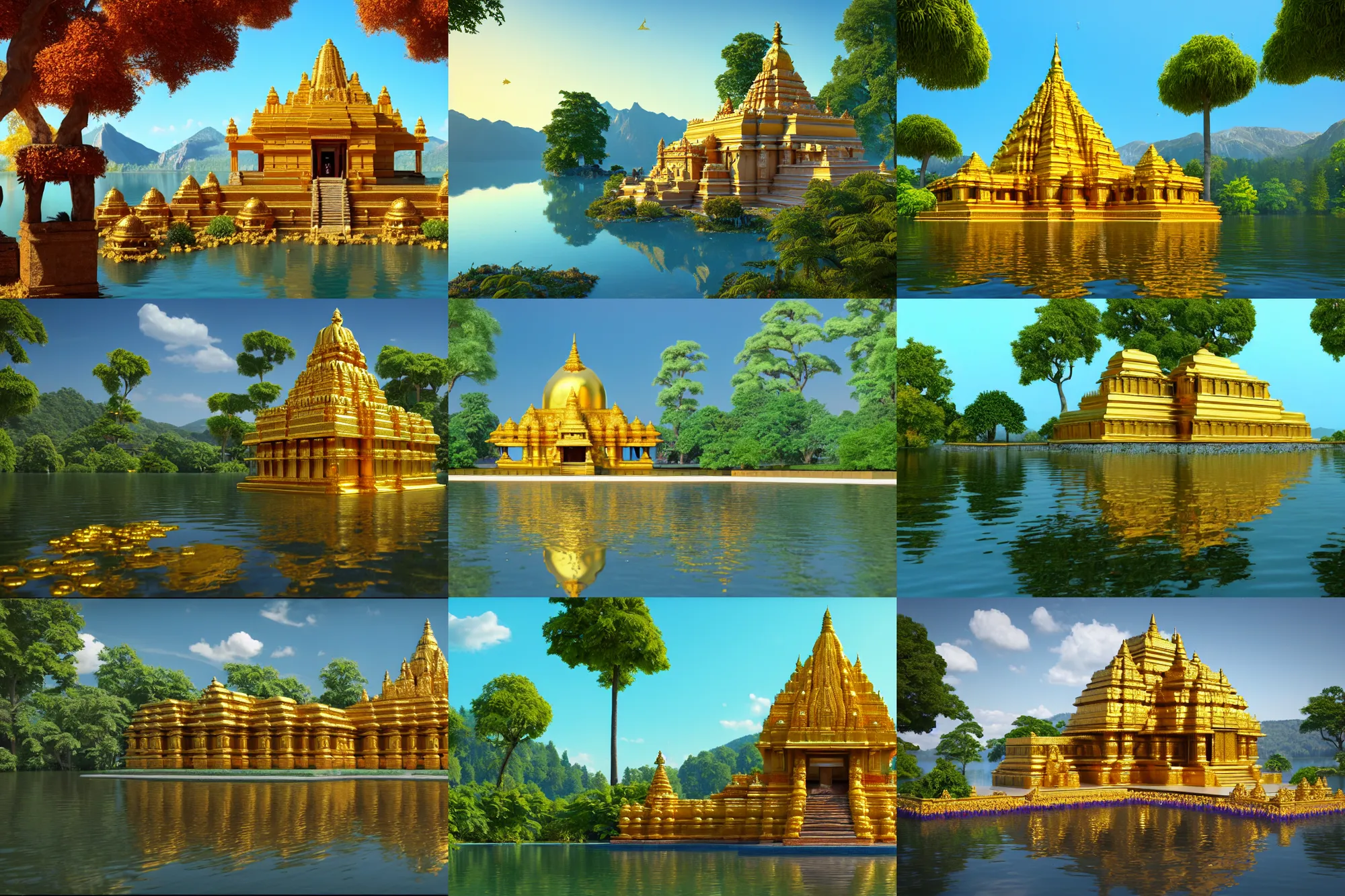 Prompt: an ancient hindu temple made of gold in serene floral environment alongside a beautiful lake, bright blue sky, art deco, oak trees, mountainous background, distant, high angle, wide angle, global illumination, trending on artstation, octane render, cgsociety, surrealist, cinematic, unreal engine 5