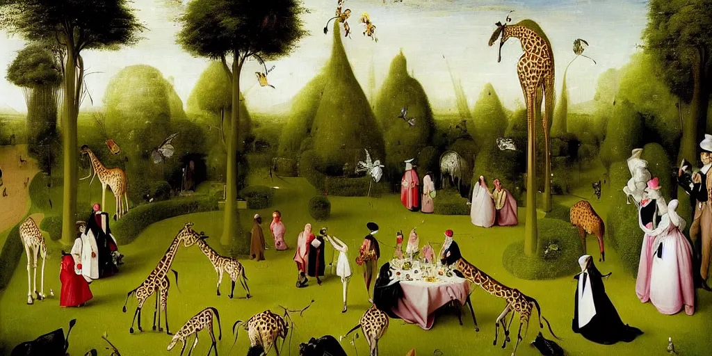 Image similar to elegant victorian tea party with giraffes in a topiary english garden, hyper realistic hieronymus bosch - h 7 6 8