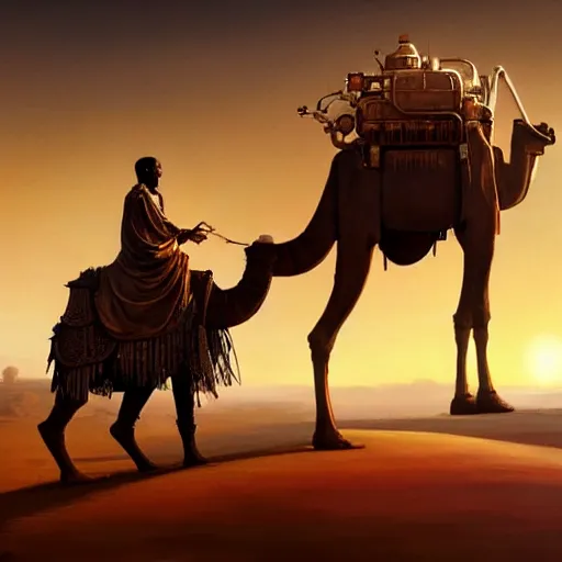 Image similar to an african moor wearing white robes riding a steampunk camel into a lush desert oasis with a reflective pond, by greg rutkowski and android jones in a cyberpunk style, oil on canvas, 8k, synthwave sunset