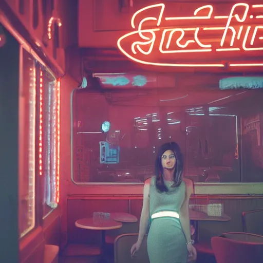 Prompt: vertical movie frame portrait of girl in 5 0's retro restaurant interior, neon - decorated urban on night in the city seen through the window, modern interior design, architectural design, vintage, night blade runner, dark, postapocalyptic, clean lines, 4 k, octane, lunarcore city at distance, big windows, octane, wide angle