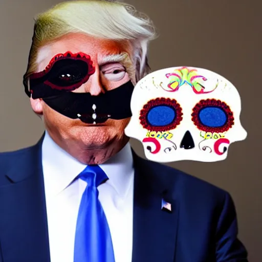 Prompt: donald trump wearing a dia de los muertos mask