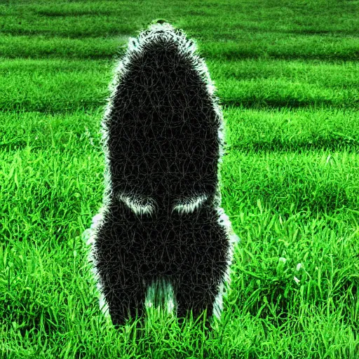 Prompt: A glitchy animal like creature standing in a lush green field, photograph, 2010 photograph, eerie