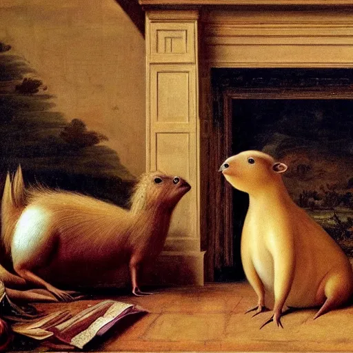 Prompt: a renaissance painting of a capybara in a cozy living room by the fireplace