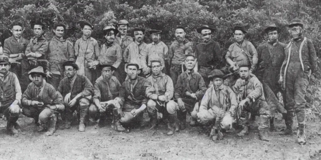 Prompt: a rare photo from 1 9 2 0 of a group of hunters who captured a chupacabras.