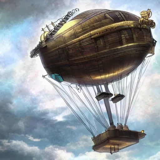 Image similar to A steampunk airship flying through the clouds towards a towards a steampunk city, fantasy anime style