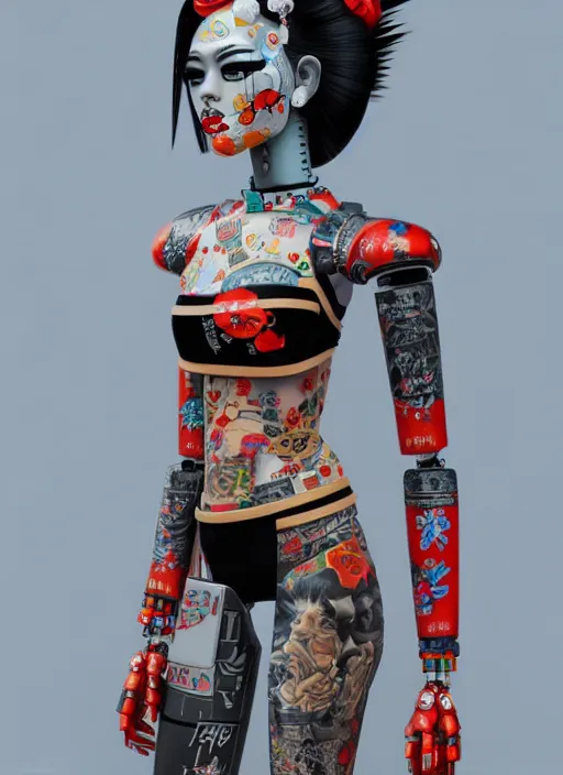 Image similar to full body photo of a punk geisha robot with kanji tattoos and decals wearing a digital pixelated kimono, intricate design, photo - realistic, octane render, ultra fine detailed, character design, trending on artstation