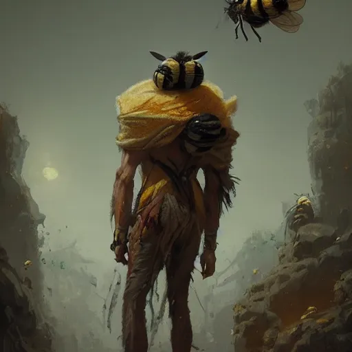 Prompt: a skinny Hunter from Stone Age surrounded by bees Greg Rutkowski and Raymond Swanland, Trending on Artstation, cloudy background, ultra realistic digital art