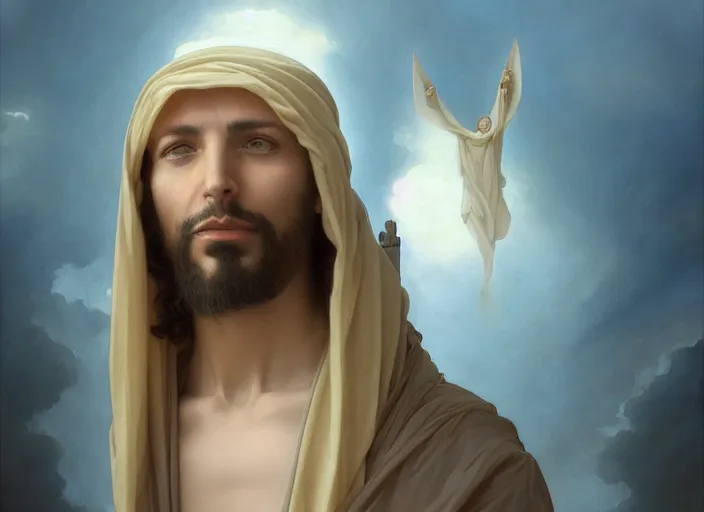 Image similar to second coming of middle eastern jesus christ, very detailed face, peter mohrbacher, michael whelan, William-Adolphe Bouguereau, Michael Cheval, kay sage, digital art, airbrush, art nouveau, intricate, clear, looming, epic, depth, artstation, highly detailed, blender, Unreal Engine, octane render, vray, 8k