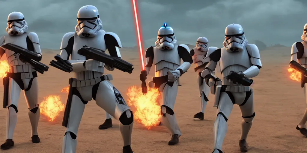 Image similar to Live action clone troopers from star wars the clone wars in the style of revenge of the sith and obi-wan kenobi show ultra realistic, 4K, movie still, UHD, sharp, detailed, cinematic, render, modern