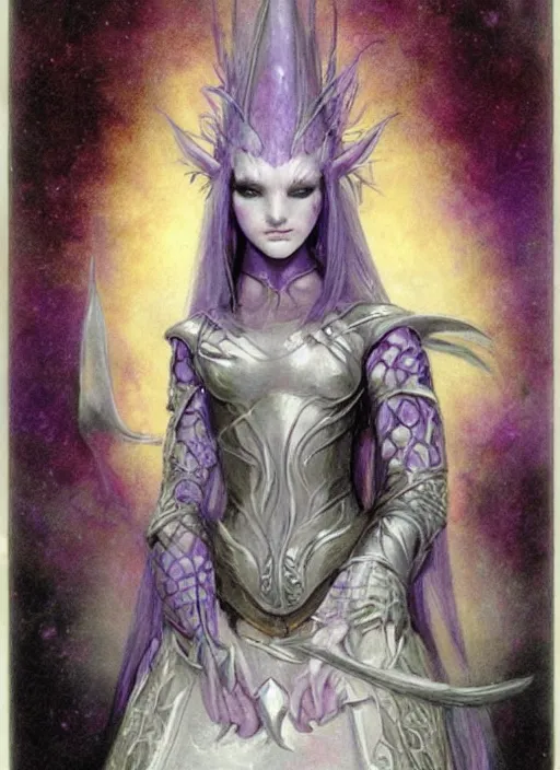 Image similar to portrait of young female sorceress of the endtimes, transluscent skin, silver filigreed armor, lavender hair, beautiful! coherent! dungeons and dragons character, by brian froud, strong line, cool night color, high contrast