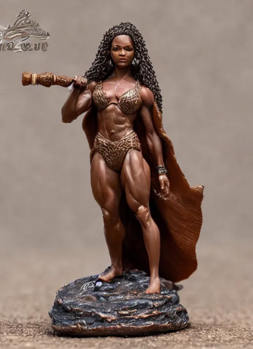 Prompt: 80mm resin detailed miniature of a Very Muscular Queen, long cape, brown skin, long hair, on textured disc base, Company logo in upper left corner; Miniature product Photo, 4K, Full body