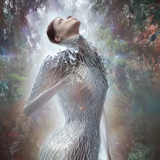 Image similar to a highly detailed ethereal full body shot, digital image of a silver covered elegantly posed futuristic woman beautifully cocooned in chromatic leafy foliage like leaves shot, full body shot, by Andrew Chiampo, artstation, and Frederik Heyman, extremely detailed woman, stunning volumetric lighting, intricate details, hyper realism, fantasy, textured, stylized, 4k,