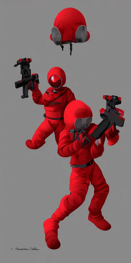 Prompt: character concept design of a red hazmat holding an SMG
