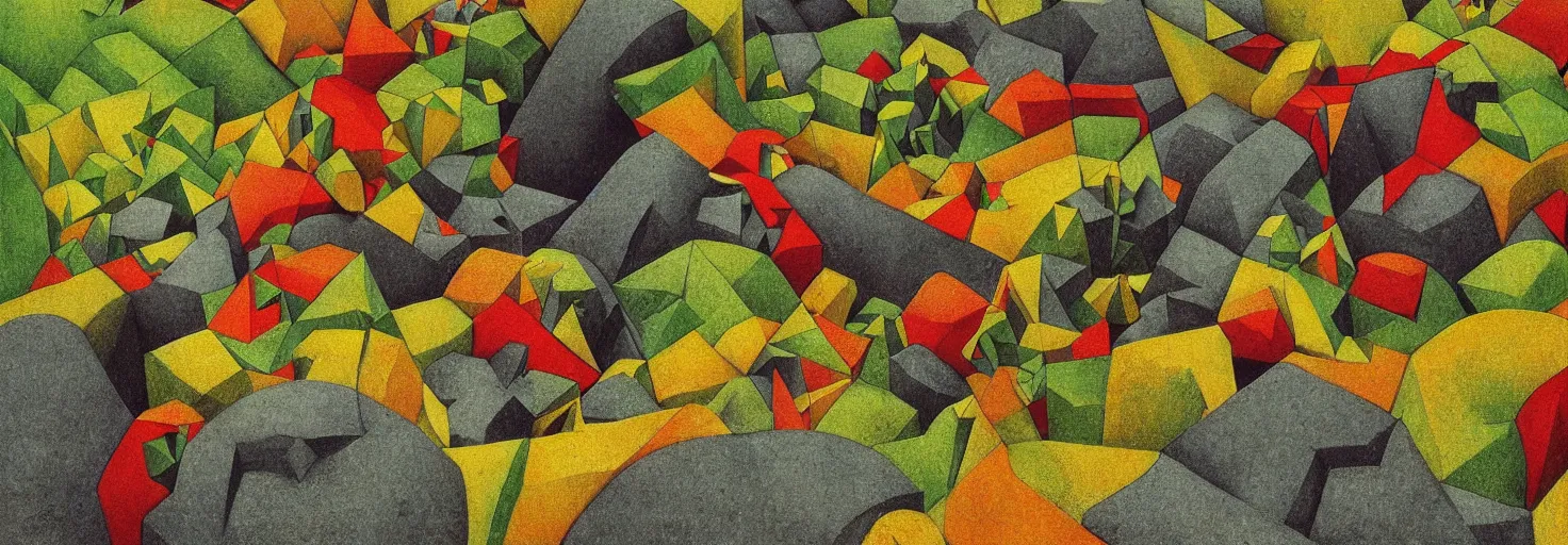 Prompt: a rock garden by m. c. escher, yellow, green, red, snowy, ultra sharp, ultra detailed, cyberpunk, happy, uplifting, colorized by salvador dali