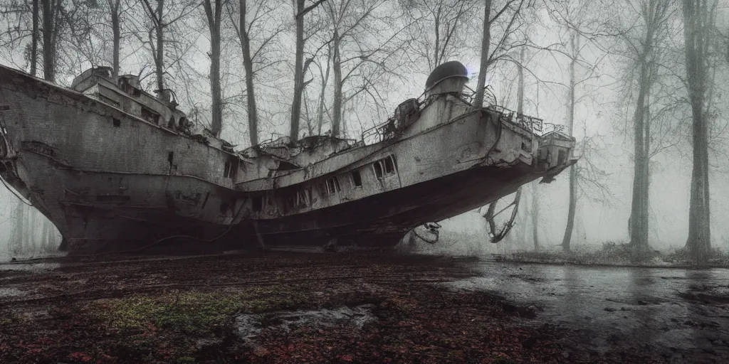 Image similar to abandoned soviet warship in the woods, around everlasting darkness, puddles of water, atmospheric, wide shot, high definition, high detail, foreboding, artstation, foggy