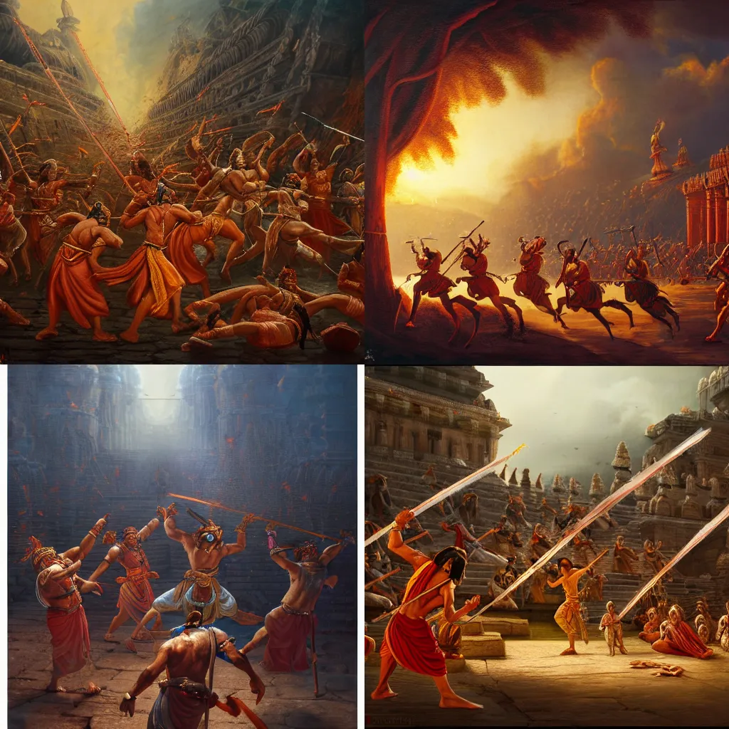 Prompt: an epic battle scene in Ayodhya from Ramayan, by Walter Velez, by Carlos Ochagavia, oil on canvas, masterpiece, cinematic composition, aesthetic, dynamic, beautiful, detailed, concept art, beautiful lighting, super resolution, 8K