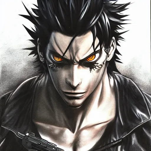 Prompt: Solid Sanke from Metal Gear Solid portrait as a demon drawn Yusuke Murata and Takeshi Obata, inspired by Death Note 2003 manga,intricate detail, photorealistic style, intricate detailed oil painting, detailed illustration, oil painting, painterly feeling, sharp high detail