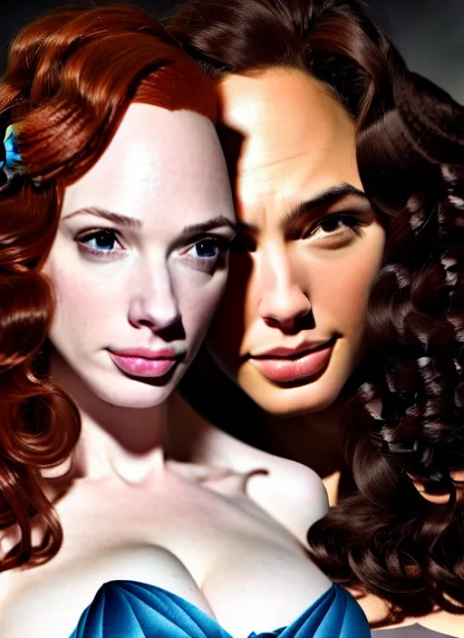 Prompt: a gorgeous christina hendricks and gal gadot hyrid, photo, professionally retouched, soft lighting, torso, legs, feet, long coat, realistic, smooth face, perfect eyes, wide angle, sharp focus on eyes, 8 k high definition, insanely detailed, intricate, elegant, art by artgerm, snowy winter