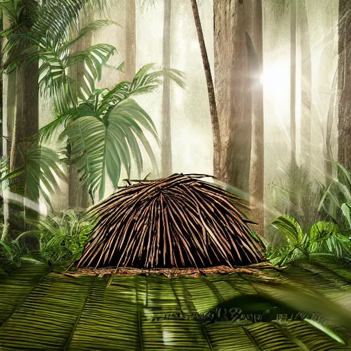 Image similar to sleeping shelter made of palm leaves and sticks in the rainforest, realistic, 8 k, night,