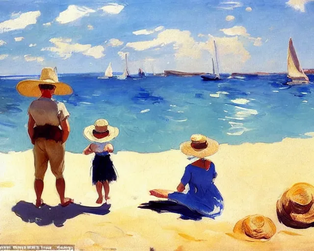 Image similar to a couple and a girl toddler on a beach in sardinia looking at a sailing boat, the man is wearing a panama hat, the woman has long dark hair, white sand, blue sky, summer, white and blue, painting by joaquin sorolla