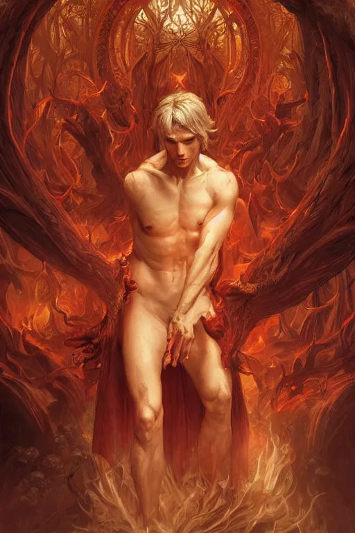 Image similar to portrait of dante in hell, forest, godlike, full body, fantasy, intricate, elegant, highly detailed, digital painting, artstation, concept art, sharp focus, illustration, art by artgerm and greg rutkowski and alphonse mucha