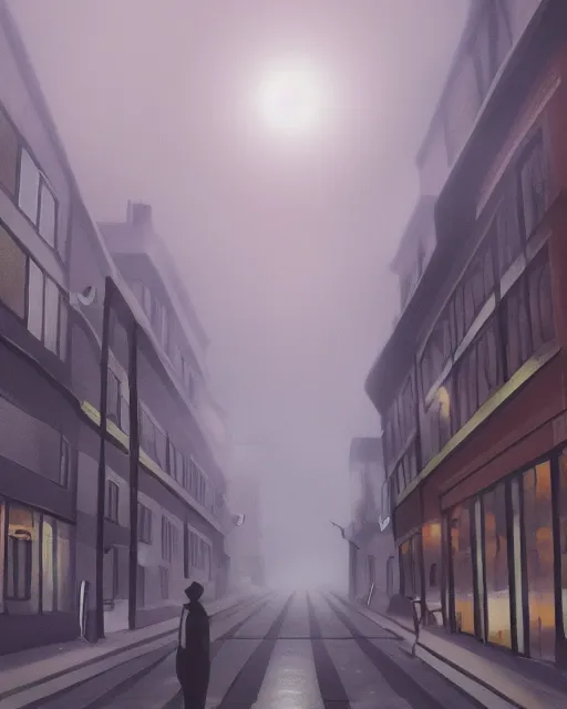 Prompt: a foggy day in London town, lofi art, anime key visual