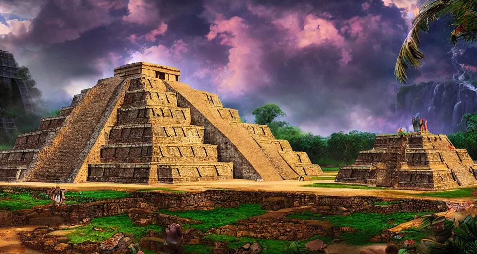 Prompt: ancient mayan civilization, huge mayan city with mayan pyramids in a landscape with waterfalls and stunning light and cheerful colors, epic composition, cinematic lighting, masterpiece, trending on artstation, very very detailed, masterpiece, stunning