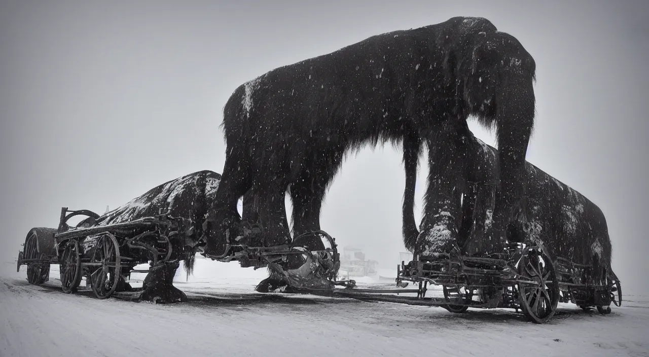 Prompt: “photo of one biomechanical mammoth/wagon/mamouth in an arctic storm with fog and blizzard, the mammoth drags old gigantic coal wagons with snow, it's a sunset photo with cold tones, some people around ”