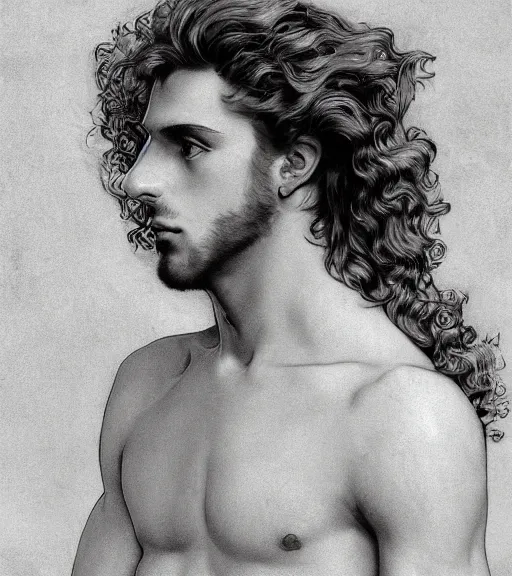 Image similar to clean cel shaded art of the androgynous clean shaven greek God Apollo, long fluffy curly blond hair, light platinum long blond hair, Alexandre Cabanel, norman rockwell, peter paul rubens, maler collier, frank frazetta, alphonse mucha, gustav klimt 4k, unreal 5, DAZ, french noveau, trending on artstation, octane render, hyperrealistic