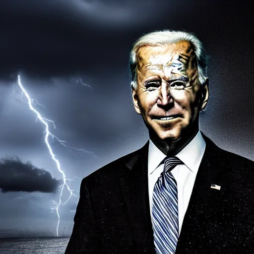 Image similar to ominous portrait of joe biden with glowing eyes, dramatic storm clouds, high contrast