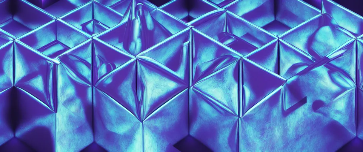 Image similar to hyperrealistic 3d render neo-surreal metatron's cube opening iridescent escher dali octane moody blue lighting low angle hd 8k sharp shallow depth of field