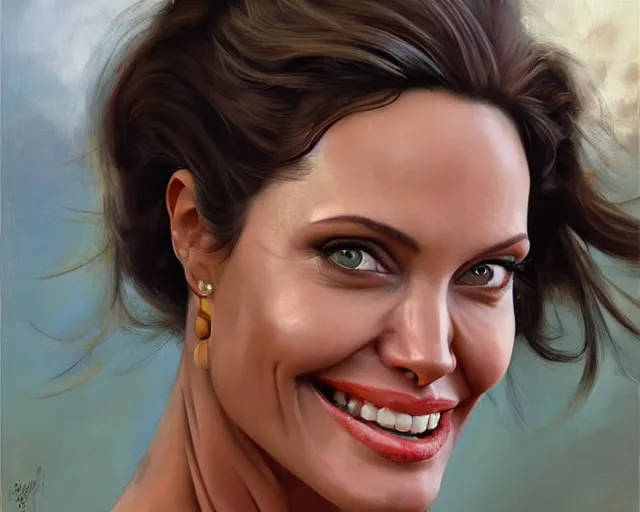 Image similar to greg manchess portrait painting of smiling angelina jolie as beautiful thick female bodybuilder zarya from overwatch, medium shot, asymmetrical, profile picture, organic painting, sunny day, matte painting, bold shapes, hard edges, street art, trending on artstation, by huang guangjian and gil elvgren and sachin teng