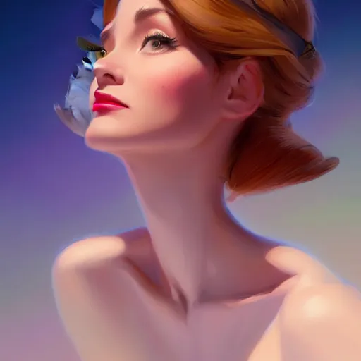 Image similar to 3 / 4 view of a portrait of a pretty woman with wings, confident pose, digital painting, artstation, concept art, smooth, sharp focus, illustration, trending on artstation, highly detailed, concept art, disney art by milt kahl, glen keane, marc davis, and eric goldbergmatte, trending on artstation h 6 4 0