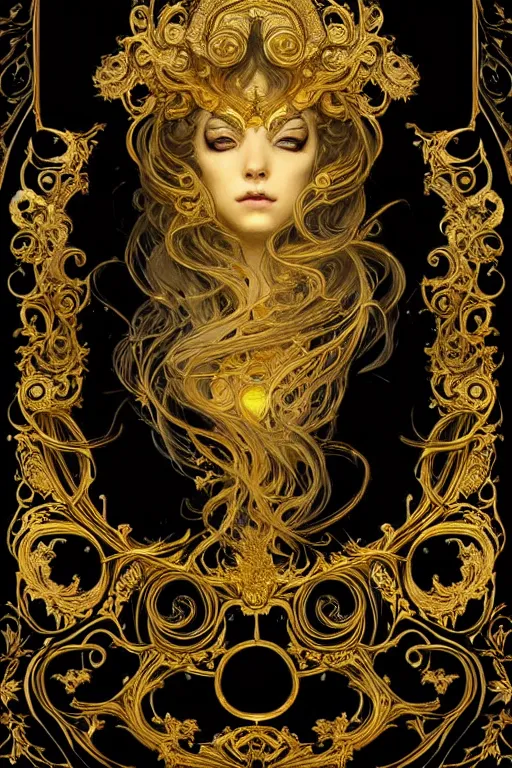 Image similar to beautiful black yellow, complicated gold the baroque style decoration, dark fantasy, intricate, elegant, highly detailed, digital painting, artstation, concept art, matte, 3 d 8 k octane rendered, sharp focus, illustration, octane rendered, art by artgerm and alphonse mucha, leesha hannigan, ross tran