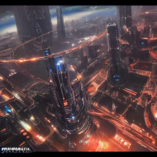 Prompt: Beautiful painting of sci-fi fututistic metropolis, Drone footage, by Yoshitaka Amano Trending on Artstation, nvidia, unreal engine