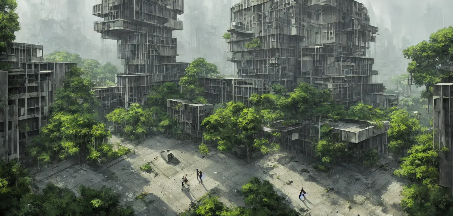 Prompt: brutalist architecture by Le Corbusier, abandoned buildings, empty streetscapes, surrounded by lush green vegetation, ground-level view, volumetric lighting, digital painting, highly detailed, artstation, sharp focus, illustration, concept art, ruan jia, steve mccurry, amazing composition