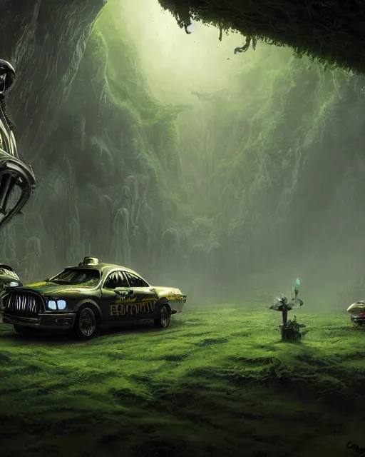 Image similar to xenomorph taxi car in a fantasy village, calming, uplifting mood, ultra realistic, farm, small buildings, highly detailed, atmosphere, masterpiece, epic lighting, elves, green plants, magic, illuminated, 4 k, cinematic, morning sun, art by eddie mendoza and sylvain sarrailh and jonathan berube