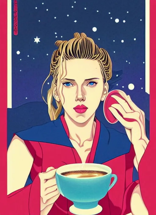 Image similar to realistic portrait of scarlett johansson as a sailor moon, making the coffee, early morning, light falling on face, futuristic, highly detailed, 8 0 - s style poster, sharp focus, illustration, art by kawase hasui,