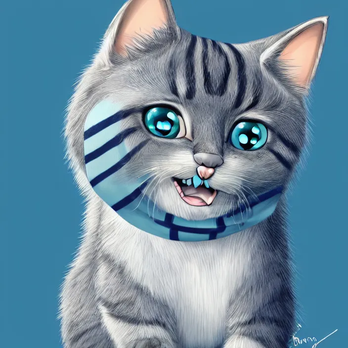 Image similar to cute cat of cheshire an adorable cat with light blue stripes, shiny eyes and a big human like playful smile. award - winning digital art, trending on artstation