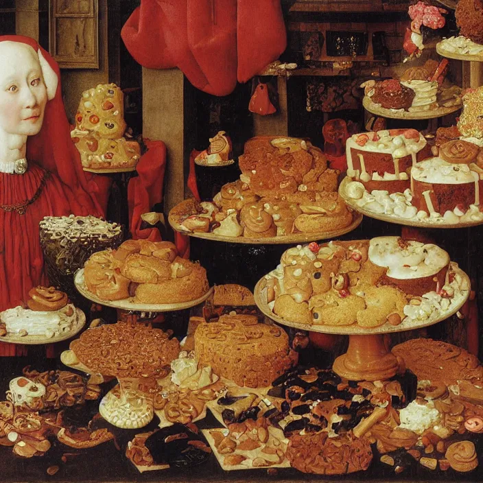 Prompt: a woman drowning in cakes and cookies, by Jan van Eyck