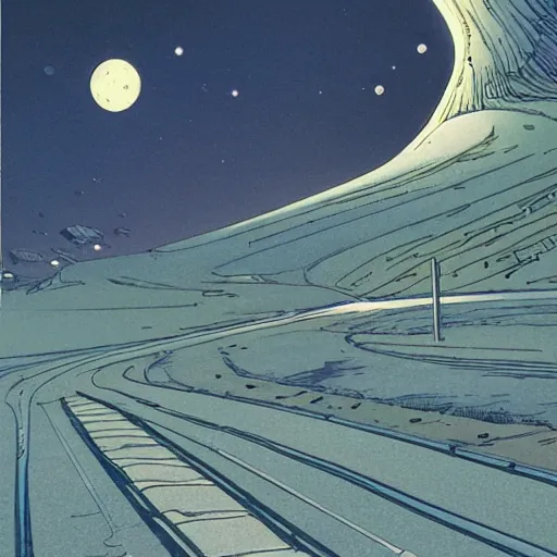 Image similar to highway on the moon, by moebius