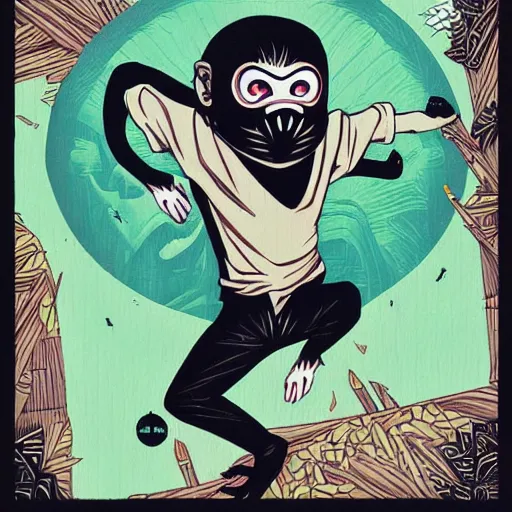 Prompt: ninja monkey, Hip Hop, Dark, Intense, Dramatic, Highly Detailed by Sachin Teng