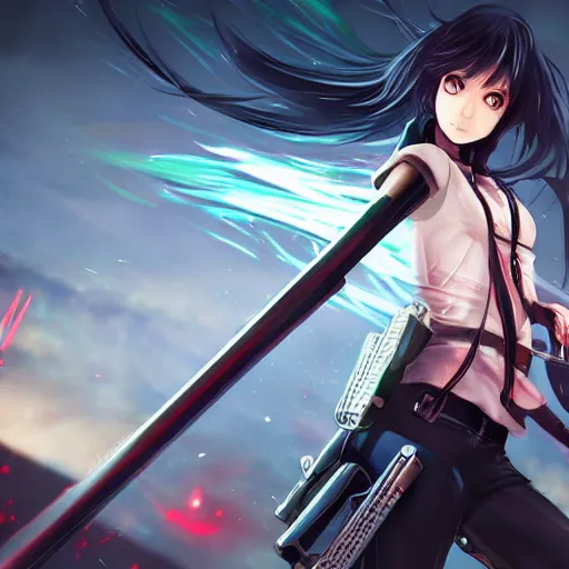 Prompt: advanced digital anime art, cyberpunk girl with silver and red eyes with long black hair wielding a katana , painted by RossDraws in the style of Makoto Shinkai, very high detail, medium sensor , Gaussian blur, f/15 , 35mm —W 1920 —H 1080