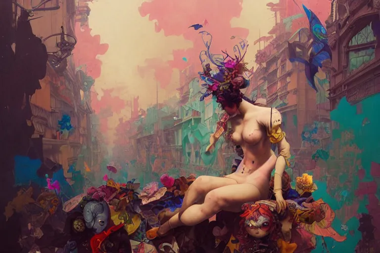 Prompt: a patchwork doll sitting alone in a raucous crowd, loud colors, post grunge, japanese gothic, blue hour, asymmetrical art, baroque, colorful, vivid, imposing, epic, abstract texture, artstation, concept art, by sydney prior hall and peter mohrbacher and wlop and rhads and artgerm and magali villeneuve and alphonse mucha