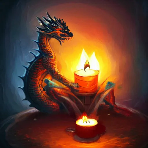 Prompt: tiny dragon that burns a candle with its breath, a burst of flames comes from his mouth toward the candle, the candle is on a wooden table, on a candle holder, the dragon is placed on the table too, fantasy painting, artstation, Fantasycore, award winning, stunning art, cozy