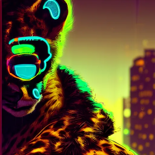 Image similar to a beautiful commission portrait of a male anthro cheetah wearing a neon jacket,futuristic,detailed face,mohawk,cyberpunk city,deviantart,artstation,art by greg rutkowski,ross tran,professional lighting,neon city,night,raytracing,highly realistic,4k,dramatic,hyperrealism