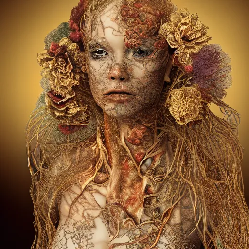 Image similar to beatifull face portrait of a woman, 150 mm, anatomical, flesh, flowers, mandelbrot fractal, facial muscles, veins, arteries, intricate, golden ratio, full frame, microscopic, elegant, highly detailed, ornate, ornament, sculpture, elegant , luxury, beautifully lit, ray trace, unreal, 3d, PBR, in the style of peter Gric , alex grey and Romero Ressendi