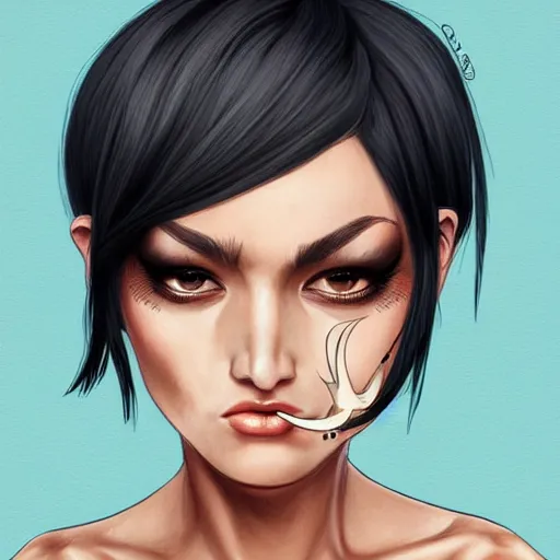 Prompt: illustrated realistic portrait of swept-back prong-horned devil woman with blue bob hairstyle and her tan colored skin and with solid black eyes wearing leather by rossdraws